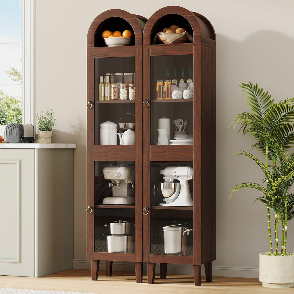 71" Tall Arched Storage Cabinet with Glass Door, Display Cabinet with Top-Opening Storage Container, Kitchen Versatile Pantry, Brown