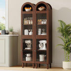 71" Tall Arched Storage Cabinet with Glass Door, Display Cabinet with Top-Opening Storage Container, Kitchen Versatile Pantry, Brown