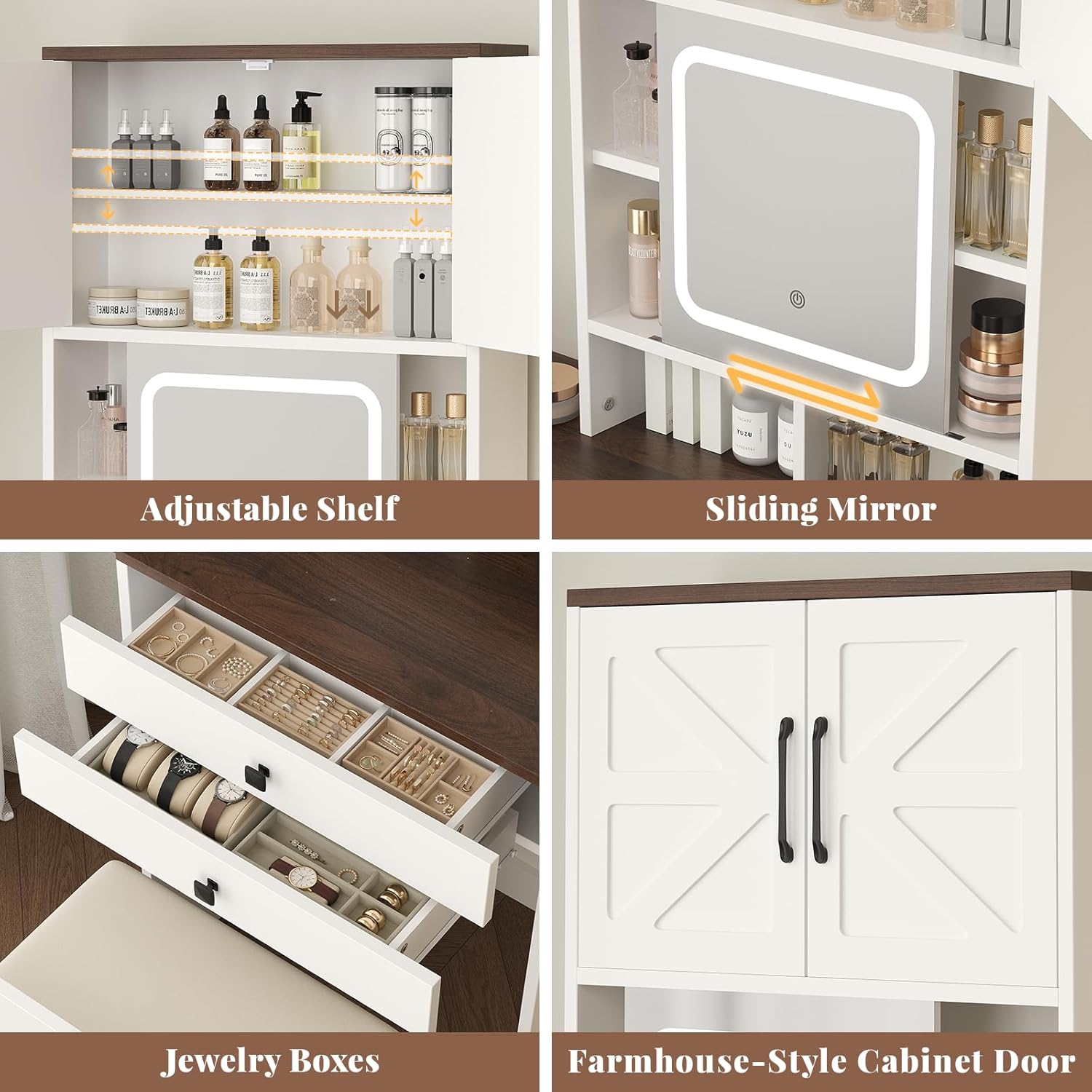 Vanity Desk with Mirror & Side-Mounted Power Strip, Makeup Vanity Table with Foldable Side Panels, Top Built-in Storage Dresser, Walnut+White