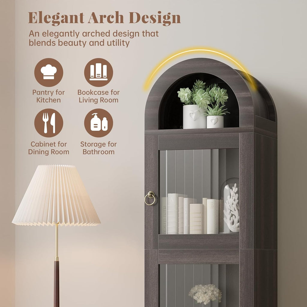 71" Tall Arched Storage Cabinet with Acrylic Doors, Display Cabinet with Drawer, Kitchen Versatile Pantry, Top-Opening Storage Container for Living Room, Black