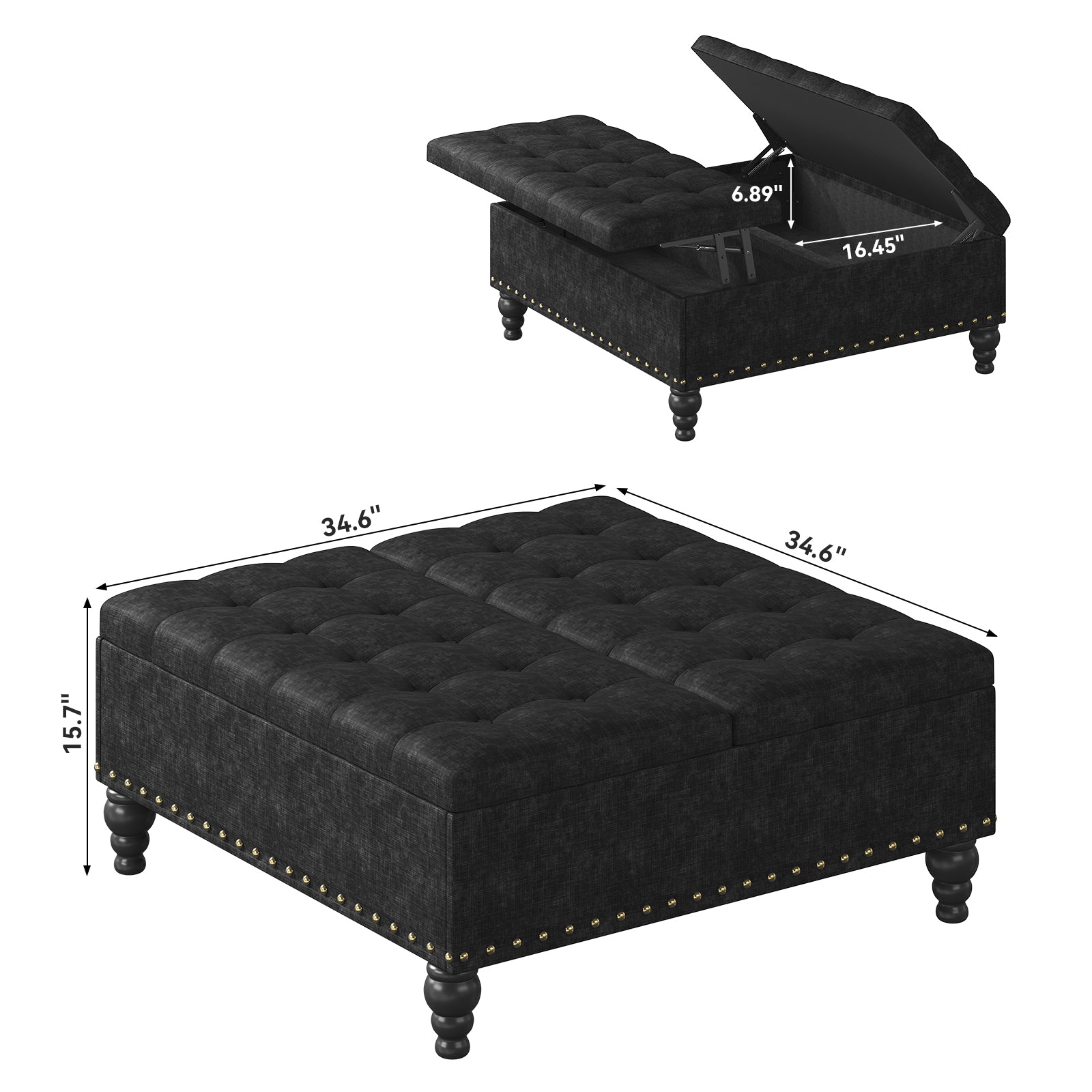 Versatile Lift-Top Ottoman, Multi-Function Storage Bench and Coffee Table in Chenille for Living Room or Bedroom, Easy-to-Assemble, Black