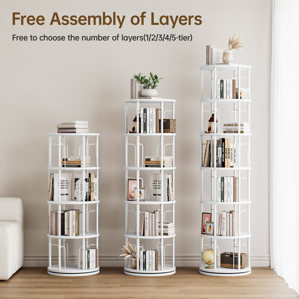 5 Tier Rotating Bookshelf Tower, 360° Spinning Bookcase, Vertical Floor Standing Revolving Bookshelf Organizer for Small Spaces, Corner, Living Room, Bedroom, White