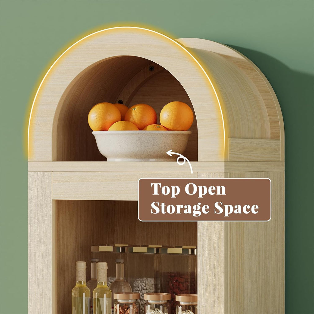 71” Tall Arched Pantry Cabinet with Glass Door, Display Cabinet Organizer, Versatile Pantry with Top-Opening Storage Container for Living, Kitchen Dining Room, Natural