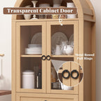 71" Tall Farmhouse Arched Storage Cabinet with Glass Door, Drawer and Barn Door, Versatile Pantry for Kitchen, Dining Room, Bathroom, Natural