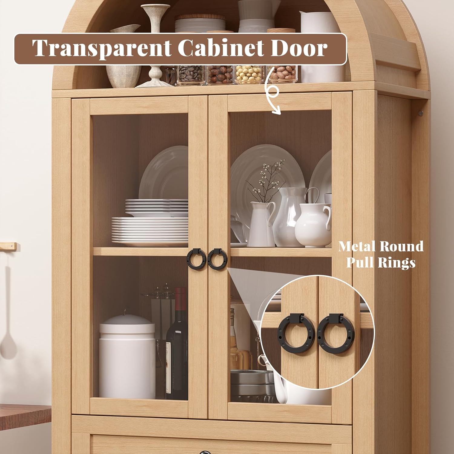 71" Tall Farmhouse Arched Storage Cabinet with Glass Door, Drawer and Barn Door, Versatile Pantry for Kitchen, Dining Room, Bathroom, Natural