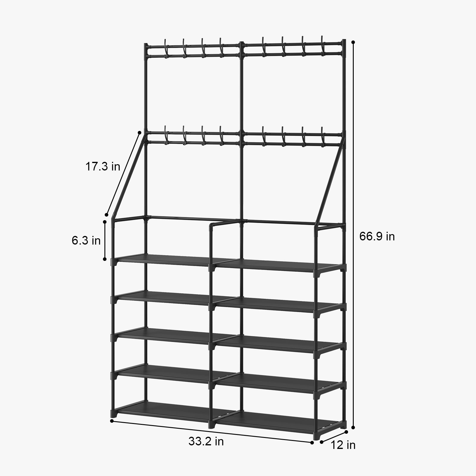 3-in-1 Double Row Coat Rack Freestanding with Shoe Storage Entryway Organizer 5-Tier Shoe Rack, 16 Hooks, Hall Tree for Home or Office, Black