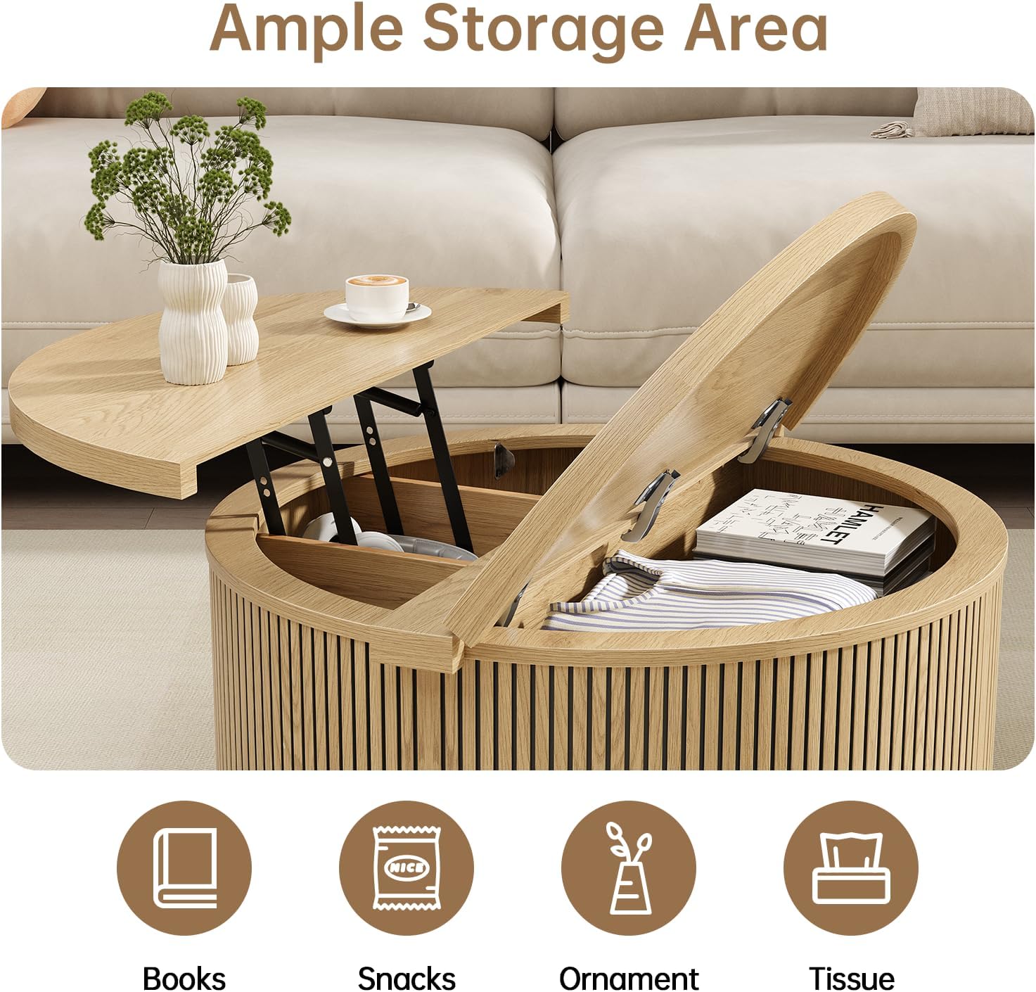 Round Coffee Table with Storage, 31.5" Lift Top Center Table with Gas Strut, Fluted Farmhouse Drum with 2 Hidden Compartments, Mid Century Modern Wood Circle Table for Living Room (Natural)