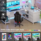 61" L Shaped Computer Desk with Monitor Stand, Reversible Corner Gaming Desk with Drawers, Home Office Desk with Power Outlets & USB Ports, LED Lights, White