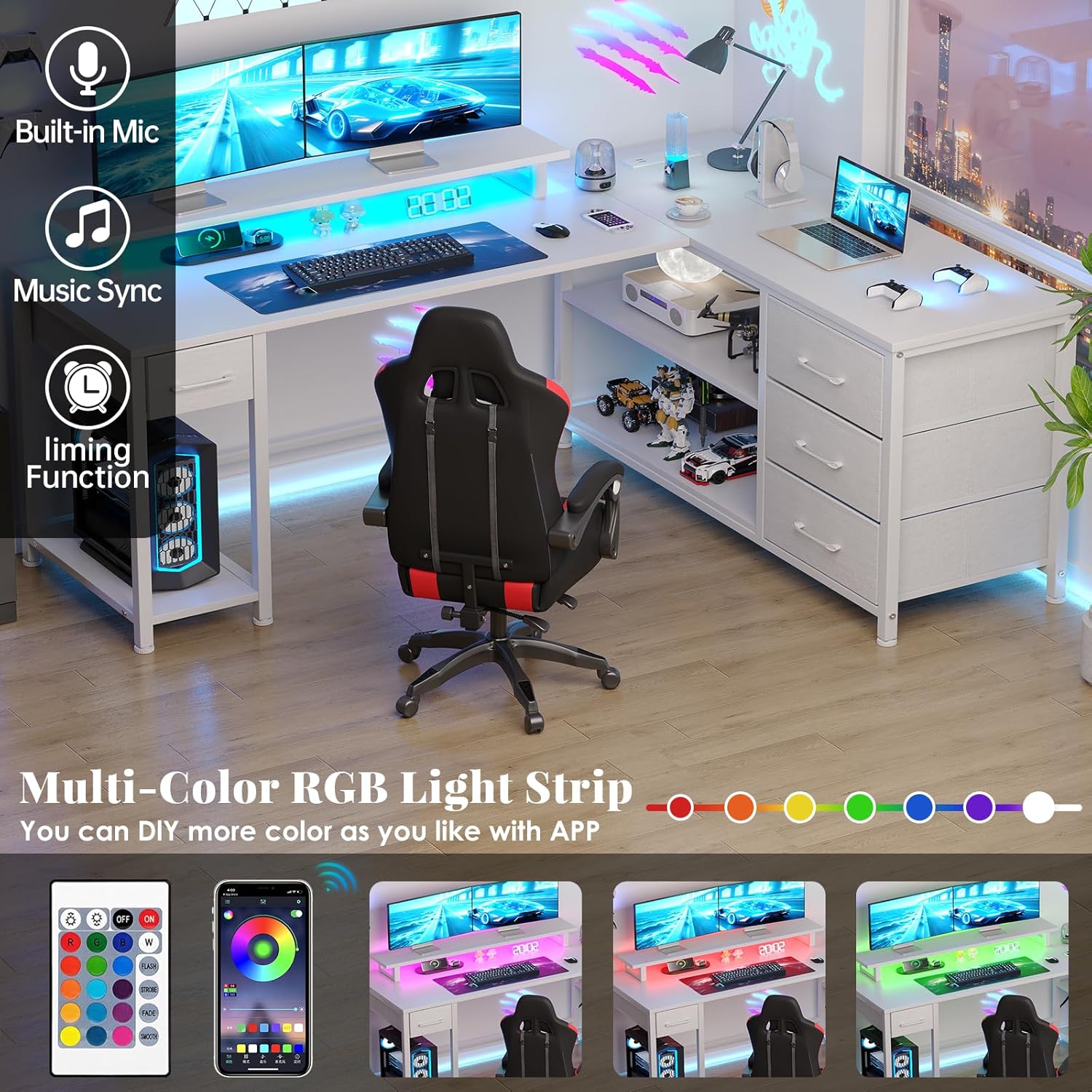 61" L Shaped Computer Desk with Monitor Stand, Reversible Corner Gaming Desk with Drawers, Home Office Desk with Power Outlets & USB Ports, LED Lights, White