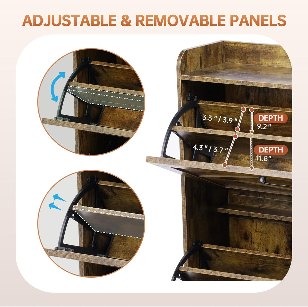 Farmhouse Entryway Shoe Storage Cabinet with 2 Flip Drawers, Shoe Rack Organizer for Hallway, Rustic Wood Furniture with Open Shelves