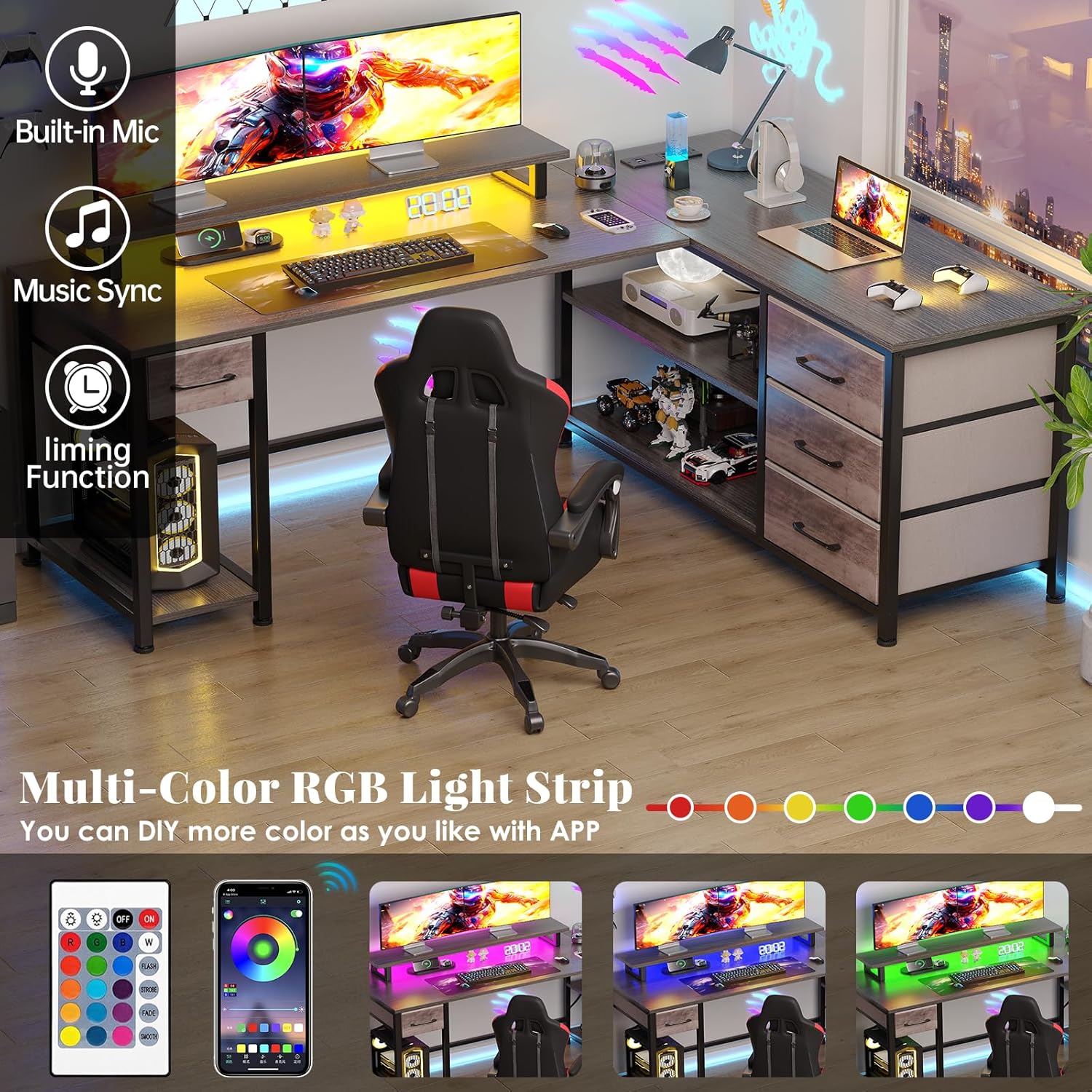 60" Corner Gamer Desk Table with Power Outlets, Reversible L Shaped Home Office Desk with Drawers, Computer Desk with Monitor Stand, LED Lights, Grey