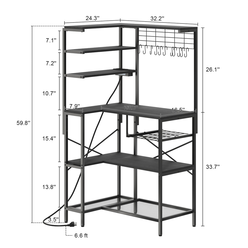 L-Shaped Bakers Rack with Power Outlet, 6-Tier Microwave Stand with Open Storage, Coffee Bar with Hooks, Mesh Grid, Kitchen Shelf with Wire Basket, Black