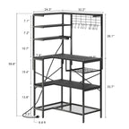 L-Shaped Bakers Rack with Power Outlet, 6-Tier Microwave Stand with Open Storage, Coffee Bar with Hooks, Mesh Grid, Kitchen Shelf with Wire Basket, Black