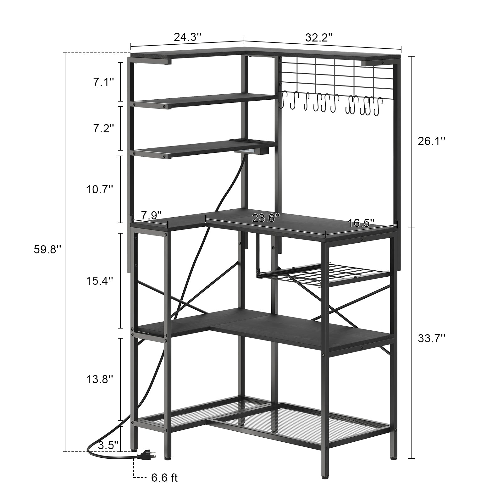 L-Shaped Bakers Rack with Power Outlet, 6-Tier Microwave Stand with Open Storage, Coffee Bar with Hooks, Mesh Grid, Kitchen Shelf with Wire Basket, Black