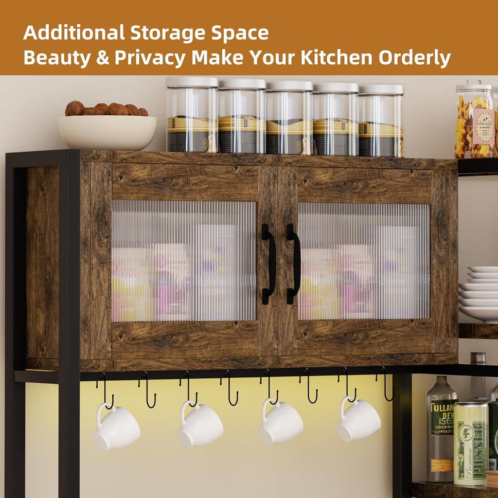 69 Inch Bakers Rack with Storage Cabinet, 5-Tier Coffee Bar with Power Outlet and LED Lights, Industrial Microwave Oven Stand with Shelves, Kitchen Storage Shelf, Rustic Brown