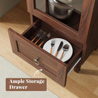 71” Tall Arched Pantry Cabinet with Glass Door, Display Cabinet Organizer with Drawer, Versatile Pantry with Top-Opening Storage Container for Living, Kitchen Dining Room, Brown