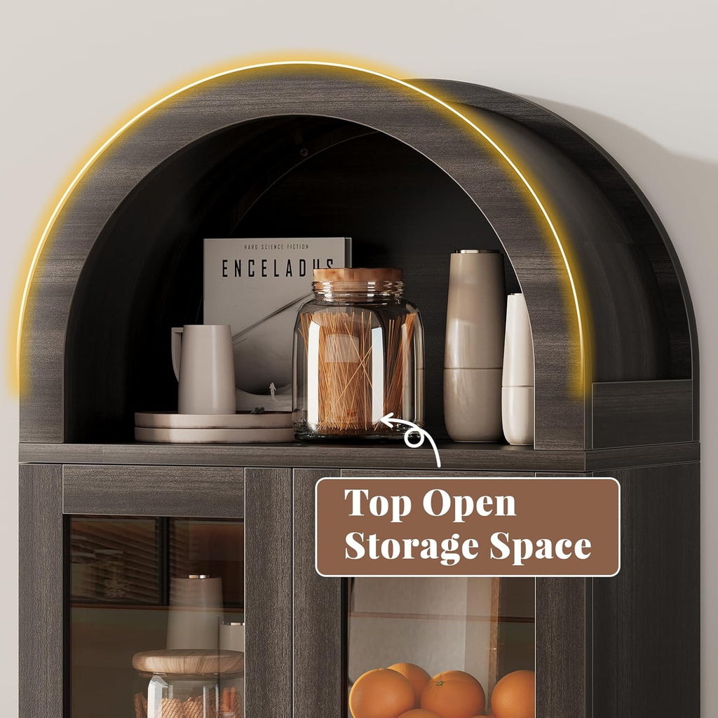 71” Tall Arched Pantry Cabinet with Glass Door, Display Cabinet Organizer, Versatile Pantry with Top-Opening Storage Container for Living, Kitchen Dining Room, Black