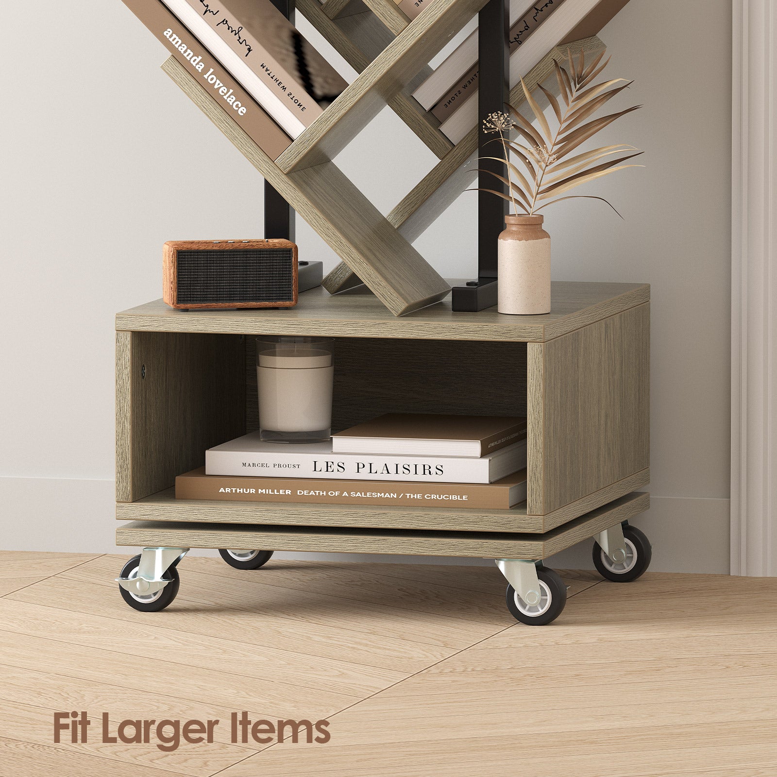 Double Sided Rotating Tree Bookshelf - 7-Tier Retro Floor Standing Bookcase, Wood Storage for Books, CDs, Movies, Perfect for Small Spaces in Bedroom, Living Room, Home Office, Grey