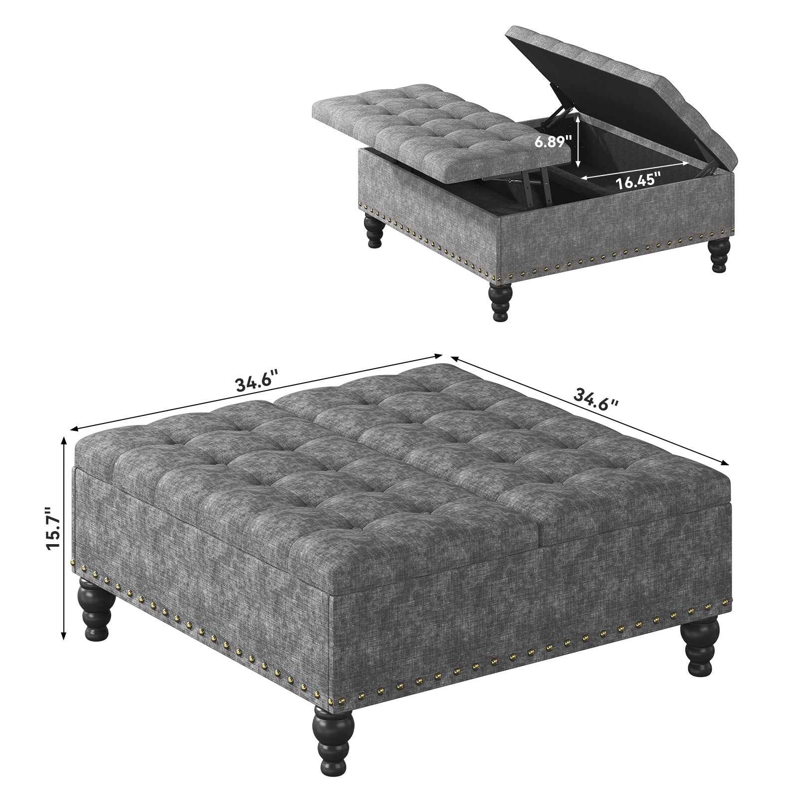 Versatile Lift-Top Ottoman, Large Storage Coffee Table in Chenille for Living Room or Bedroom, Easy-to-Assemble, Dark Grey