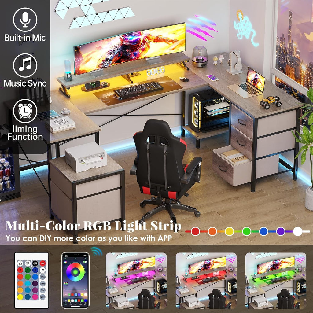 U Shaped Computer Desk, Reversible L Shaped Home Office Desk with Drawers, Monitor Stand, LED Lights, Corner Gamer Desk Table with Power Outlets & USB Ports, Grey