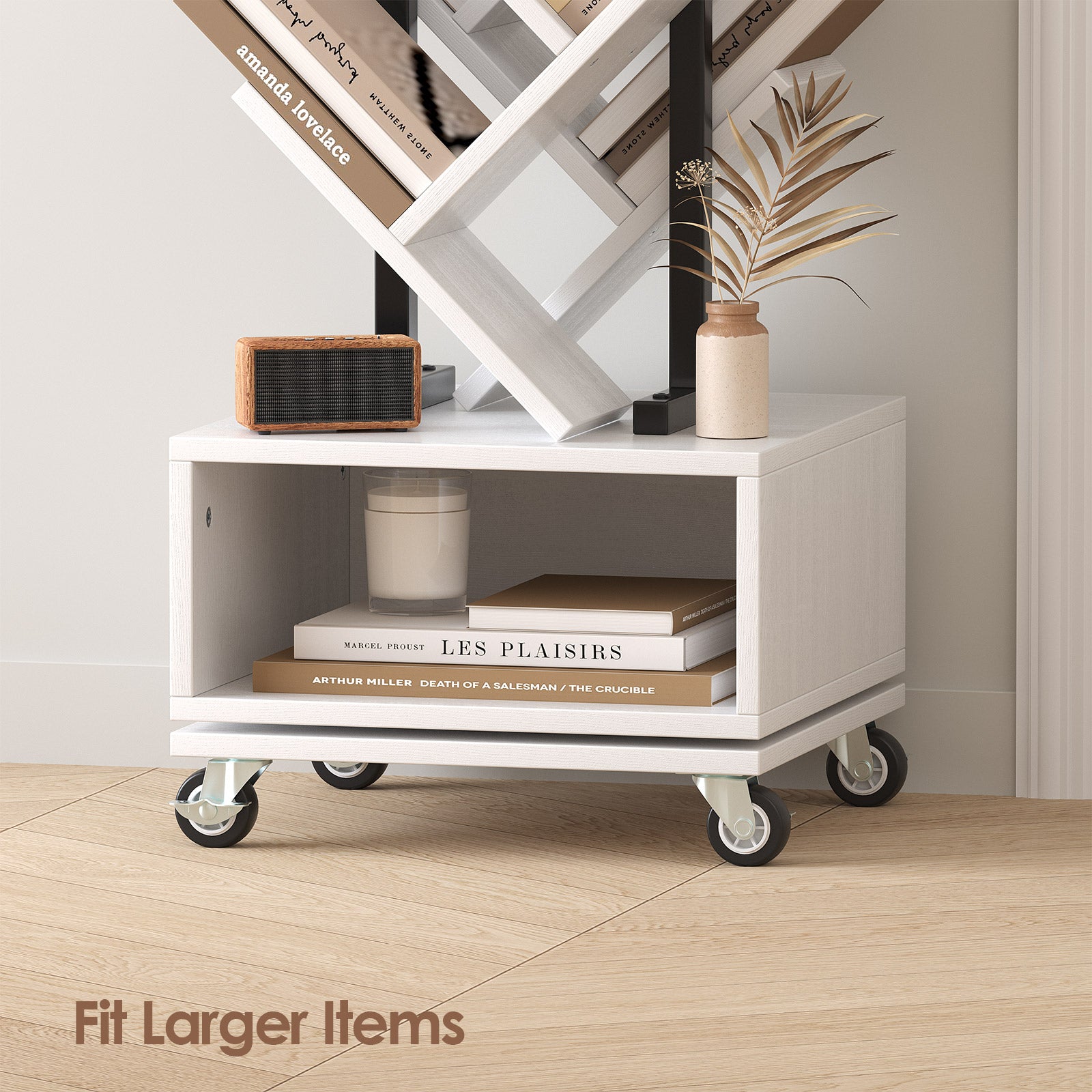 7 Tier Tree-Shaped Rotating Bookshelf, Double Sided, Small Bookcase with Storage Cabinet, Modern Tall Narrow Bookshelves Organizer, Floor Standing Book Shelf for Bedroom/Living Room, White