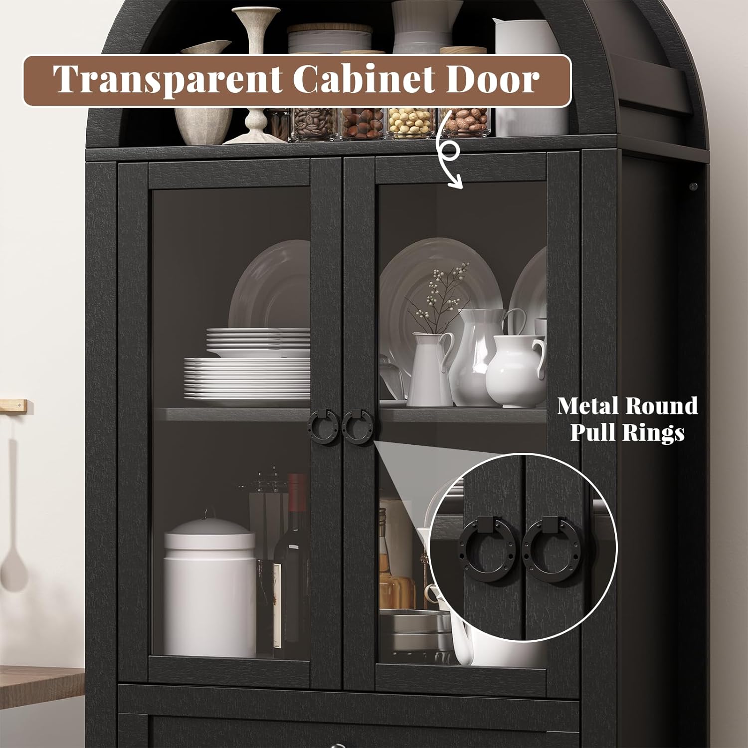71" Tall Farmhouse Arched Storage Cabinet with Glass Door, Drawer and Barn Door, Versatile Pantry for Kitchen, Dining Room, Bathroom, Black