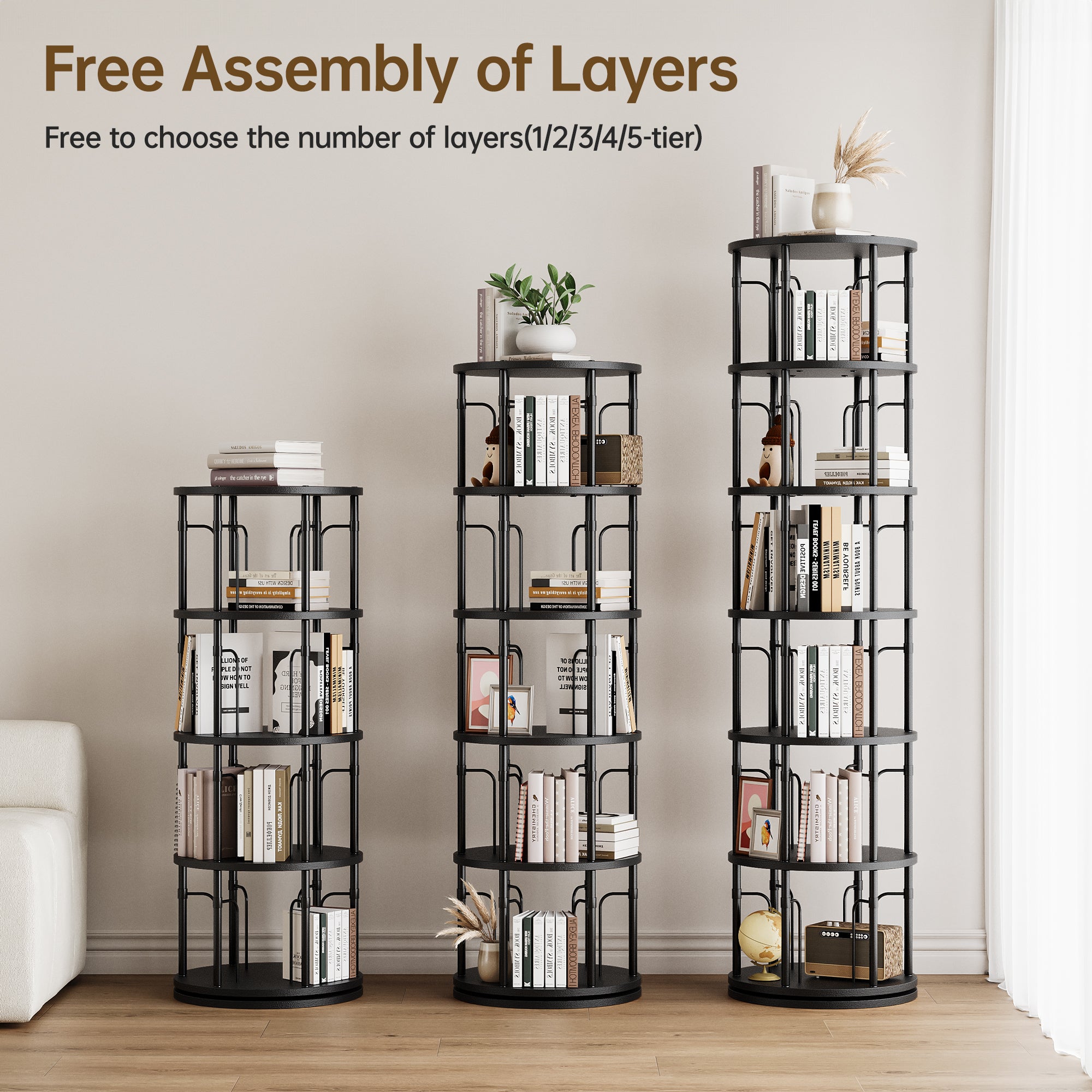 5 Tier Rotating Bookshelf Tower, 360° Spinning Bookcase, Vertical Floor Standing Revolving Bookshelf Organizer for Small Spaces, Corner, Living Room, Bedroom, Black