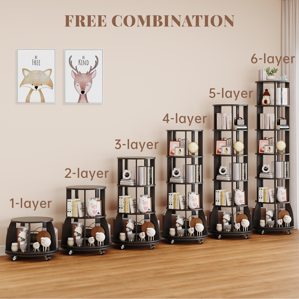 6 Tier Rotating Bookshelf with Locking Casters, 360° Spinning Vertical Bookcase, Revolving Floor Standing Organizer for Small Spaces, Corner, Living Room, Bedroom, Black