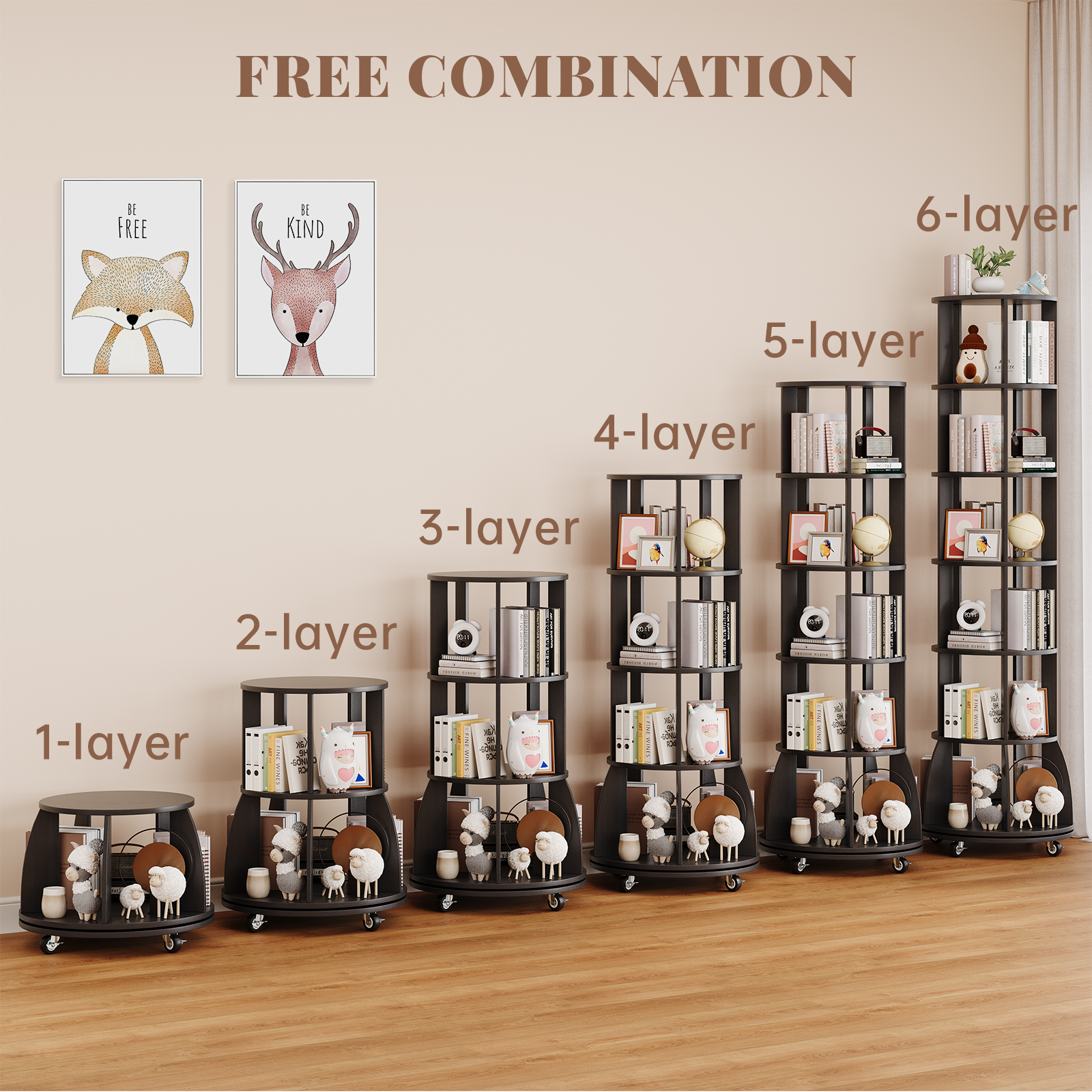 6 Tier Rotating Bookshelf with Locking Casters, 360° Spinning Vertical Bookcase, Revolving Floor Standing Organizer for Small Spaces, Corner, Living Room, Bedroom, Black