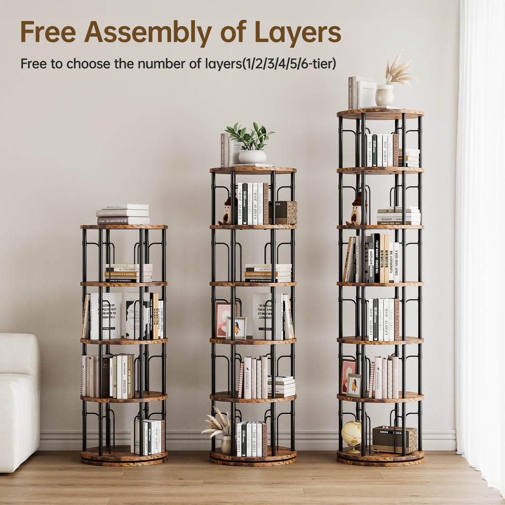 6 Tier Rotating Bookshelf Tower, 360° Spinning Bookcase, Vertical Floor Standing Revolving Bookshelf Organizer for Small Spaces, Corner, Living Room, Bedroom, Rustic Brown