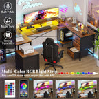 U Shaped Computer Desk, Reversible L Shaped Desk with Power Outlets & USB Ports, Corner Gaming Desk with Drawers, Home Office Desk with Storage Shelves, LED Lights, Rustic Brown