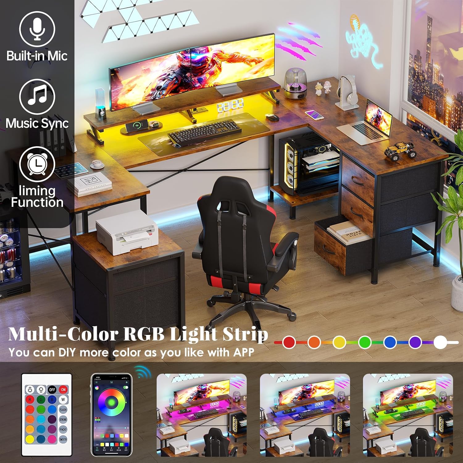 U Shaped Computer Desk, Reversible L Shaped Desk with Power Outlets & USB Ports, Corner Gaming Desk with Drawers, Home Office Desk with Storage Shelves, LED Lights, Rustic Brown