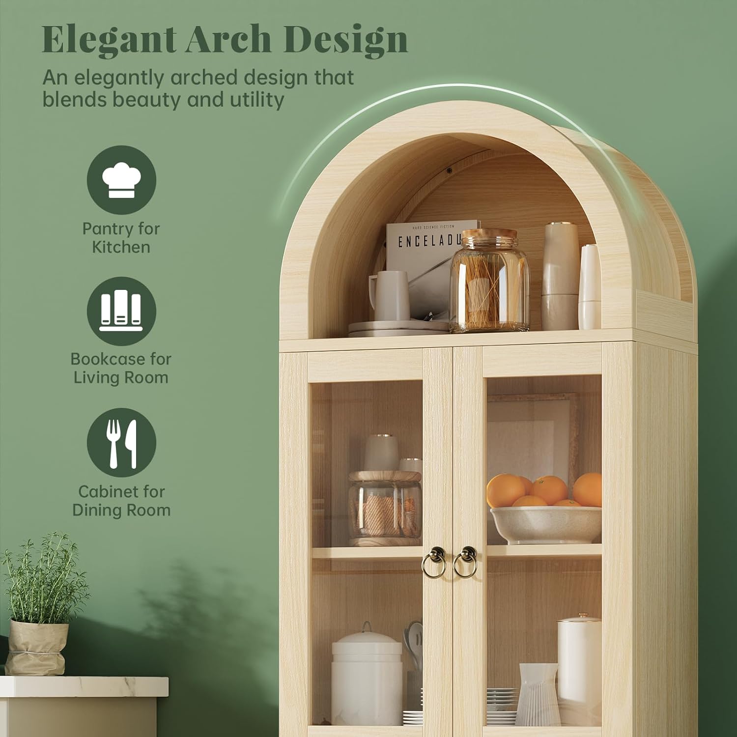 71” Tall Arched Pantry Cabinet with Glass Door, Display Cabinet Organizer, Versatile Pantry with Top-Opening Storage Container for Living, Kitchen Dining Room, Natural