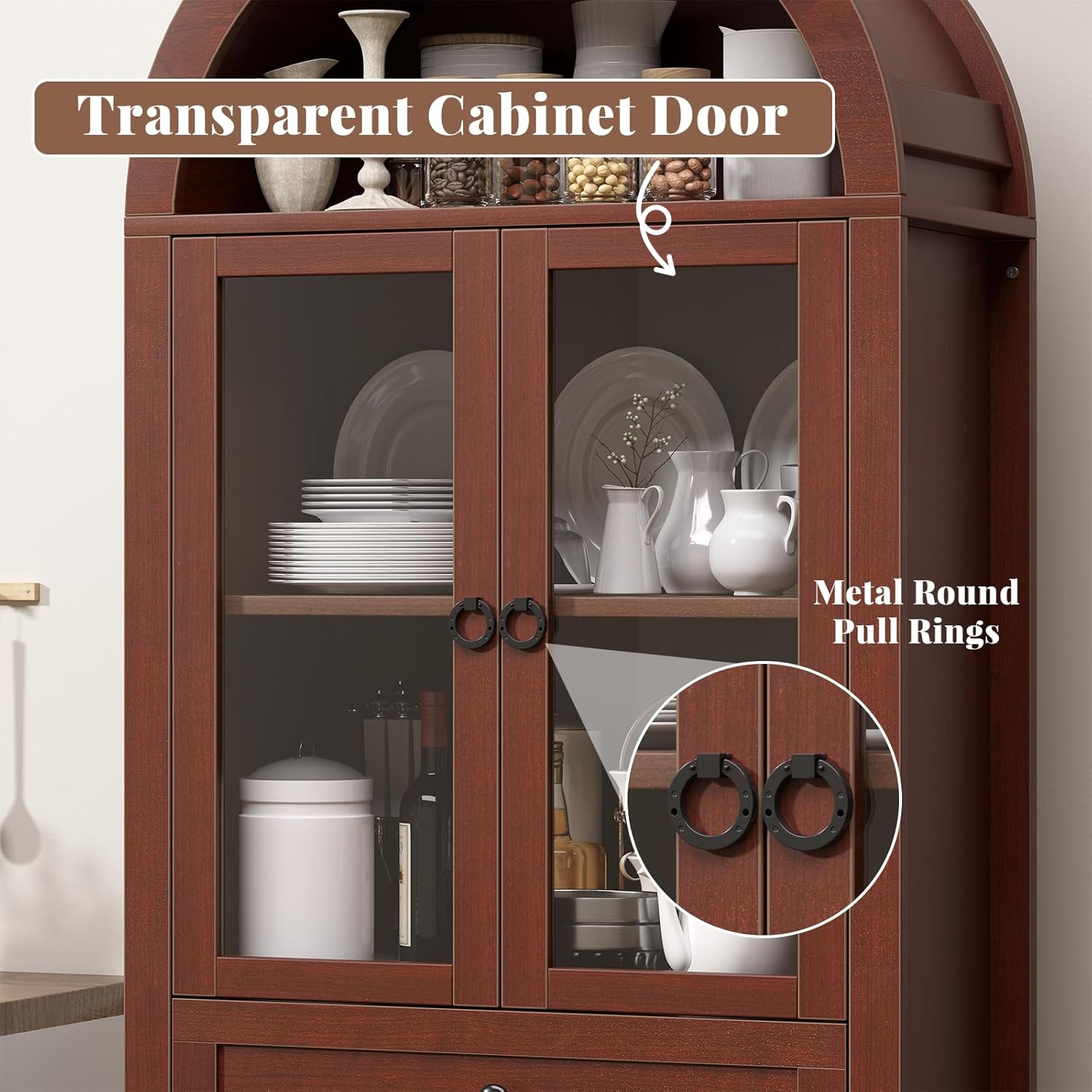 71" Tall Farmhouse Arched Storage Cabinet with Glass Door, Drawer and Barn Door, Versatile Pantry for Kitchen, Dining Room, Bathroom, Brown