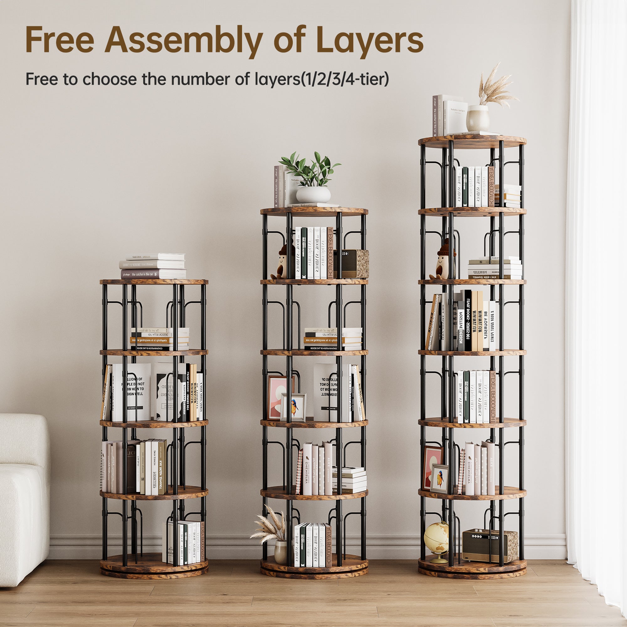 4 Tier Rotating Bookshelf Tower, 360° Spinning Bookcase, Vertical Floor Standing Revolving Bookshelf Organizer for Small Spaces, Corner, Living Room, Bedroom, Rustic Brown