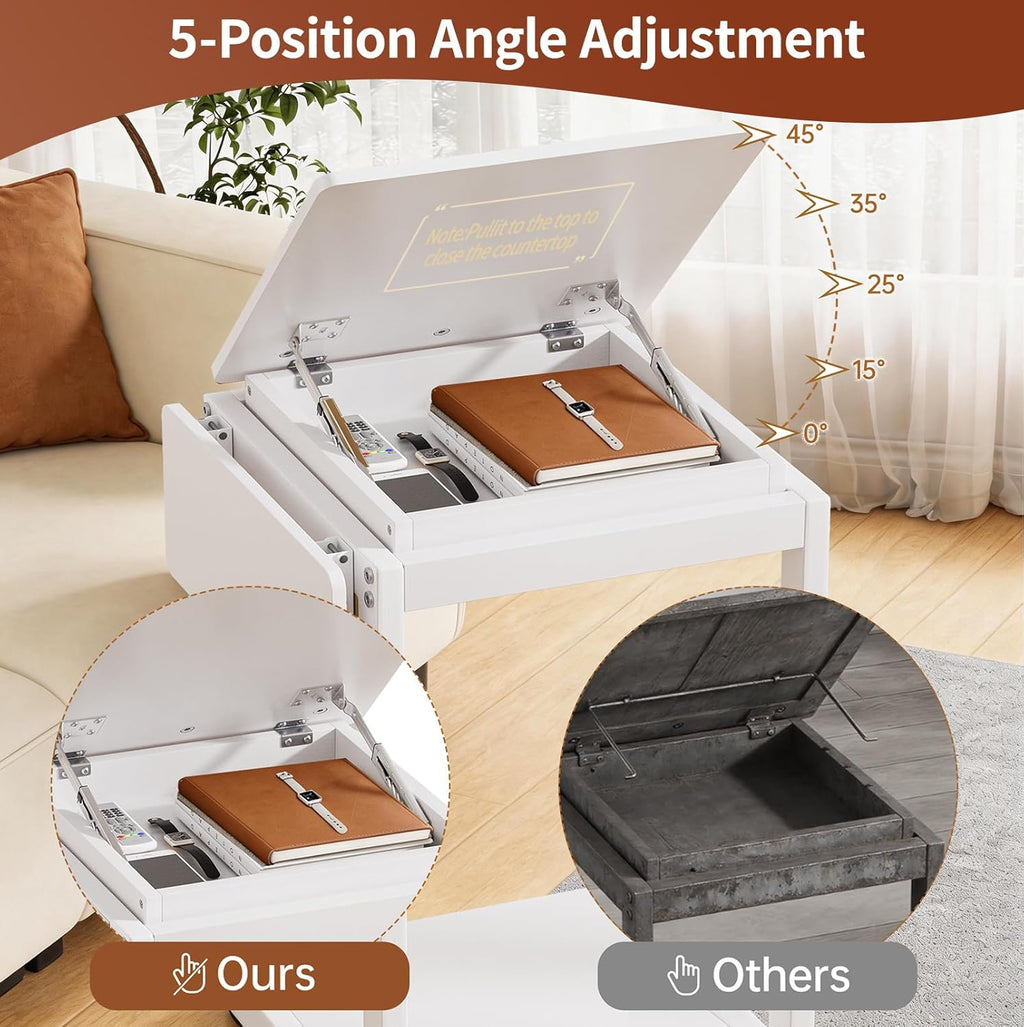 C Shaped End Table for Couch, C Side Table with Convertible Desktop, Folding Tray & Lockable Wheels, 360° Swivel TV Tray Table, Couch Tables That Slide Under, for Living Room, Bedroom, Sofa, White