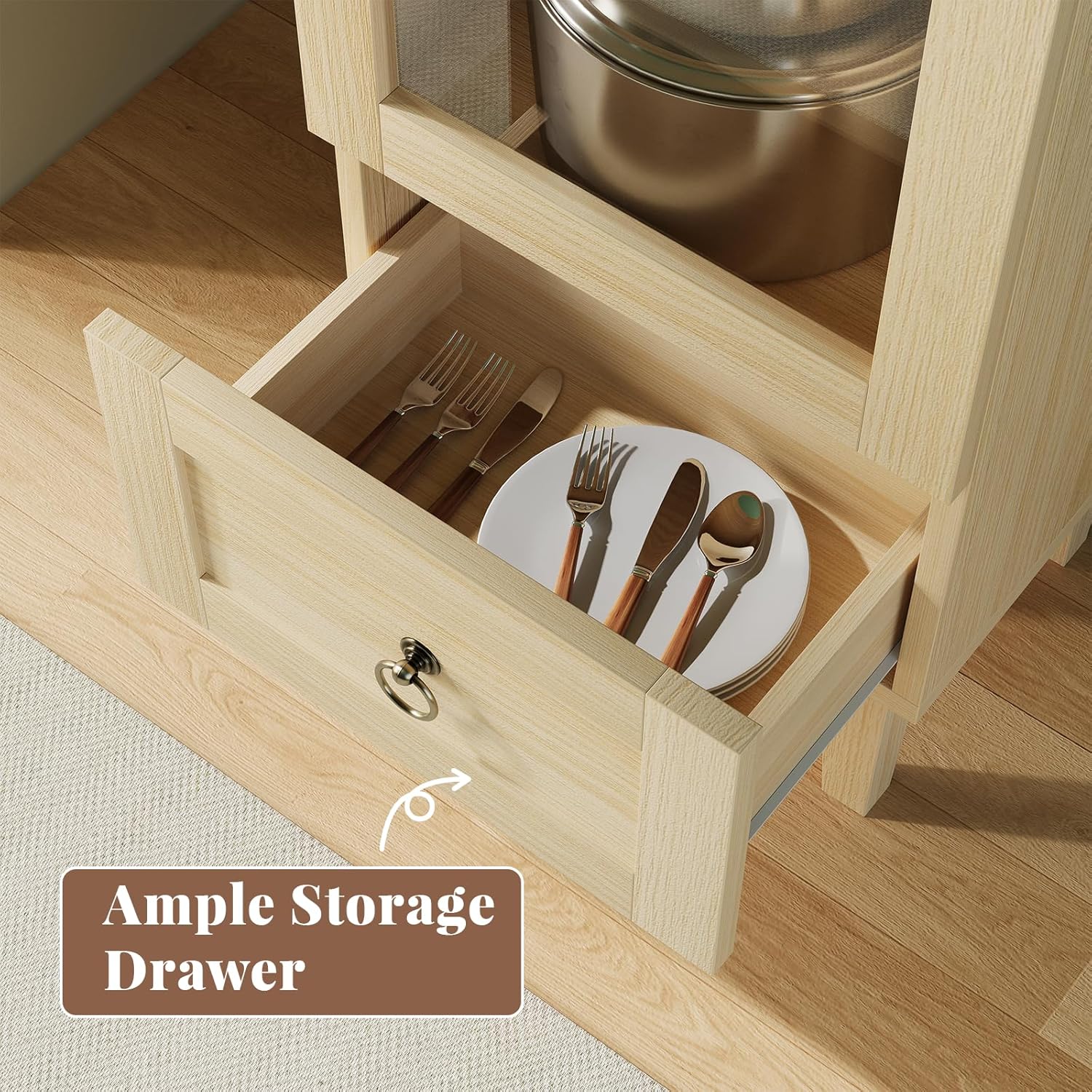 71” Tall Arched Pantry Cabinet with Glass Door, Display Cabinet Organizer with Drawer, Versatile Pantry with Top-Opening Storage Container for Living, Kitchen Dining Room, Natural