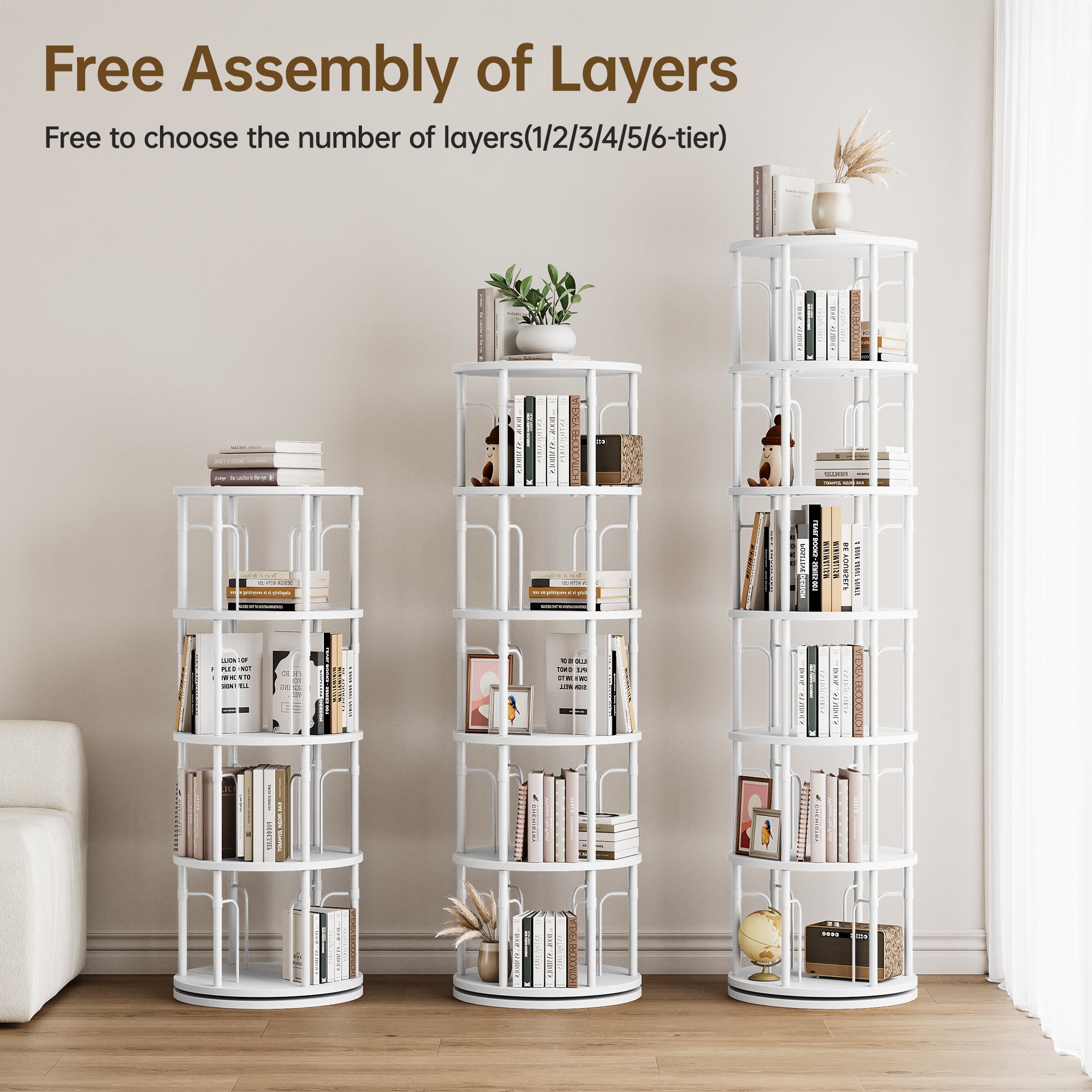 6 Tier Rotating Bookshelf Tower, 360° Spinning Bookcase, Vertical Floor Standing Revolving Bookshelf Organizer for Small Spaces, Corner, Living Room, Bedroom, White