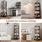 4 Tier Rotating Bookshelf with Brake Wheels, 360° Spinning Bookcase, Vertical Floor Standing Revolving Bookshelf Organizer for Small Spaces, Corner, Living Room, Bedroom, Black