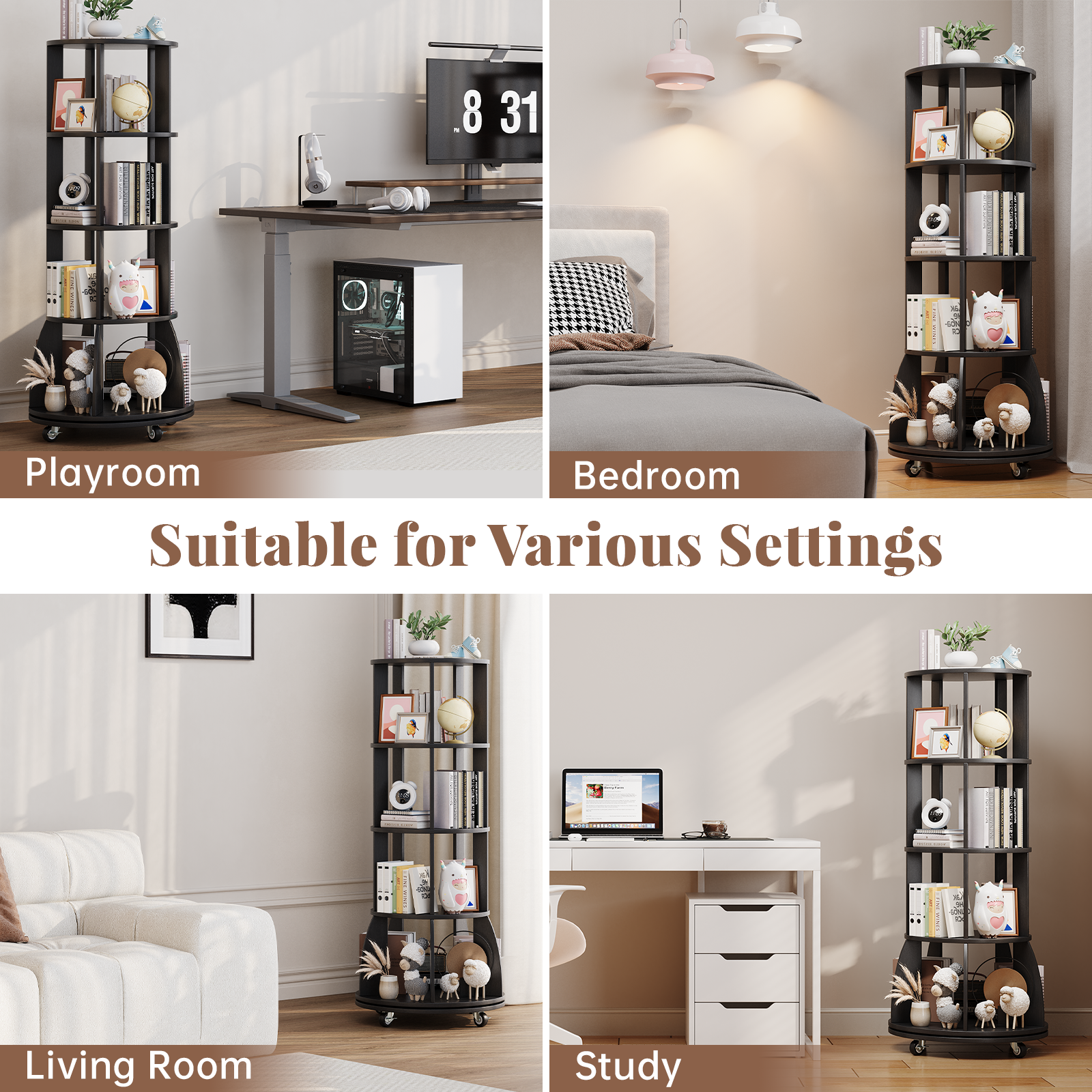4 Tier Rotating Bookshelf with Brake Wheels, 360° Spinning Bookcase, Vertical Floor Standing Revolving Bookshelf Organizer for Small Spaces, Corner, Living Room, Bedroom, Black