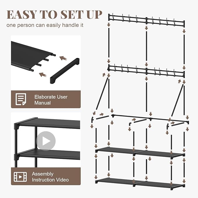 3-in-1 Double Row Coat Shoe Rack Space-Saving Entryway Furniture, Hall Tree with Shoe Storage, Multifunctional Solution, 16 Hooks, Black