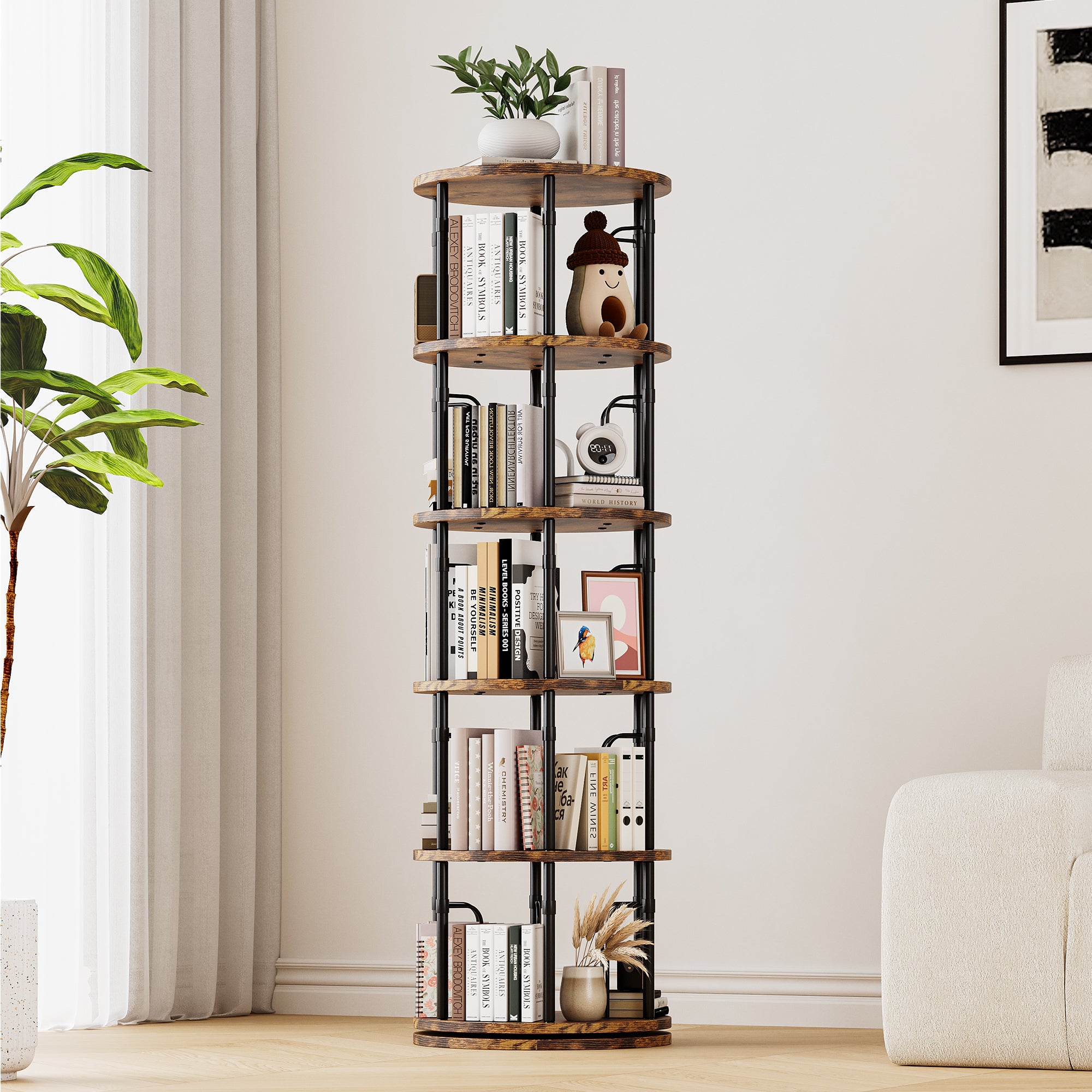 5 Tier Rotating Bookshelf Tower, 360° Spinning Bookcase, Vertical Floor Standing Revolving Bookshelf Organizer for Small Spaces, Corner, Living Room, Bedroom, Rustic Brown
