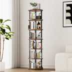 6 Tier Rotating Bookshelf Tower, 360° Spinning Bookcase, Vertical Floor Standing Revolving Bookshelf Organizer for Small Spaces, Corner, Living Room, Bedroom, Rustic Brown