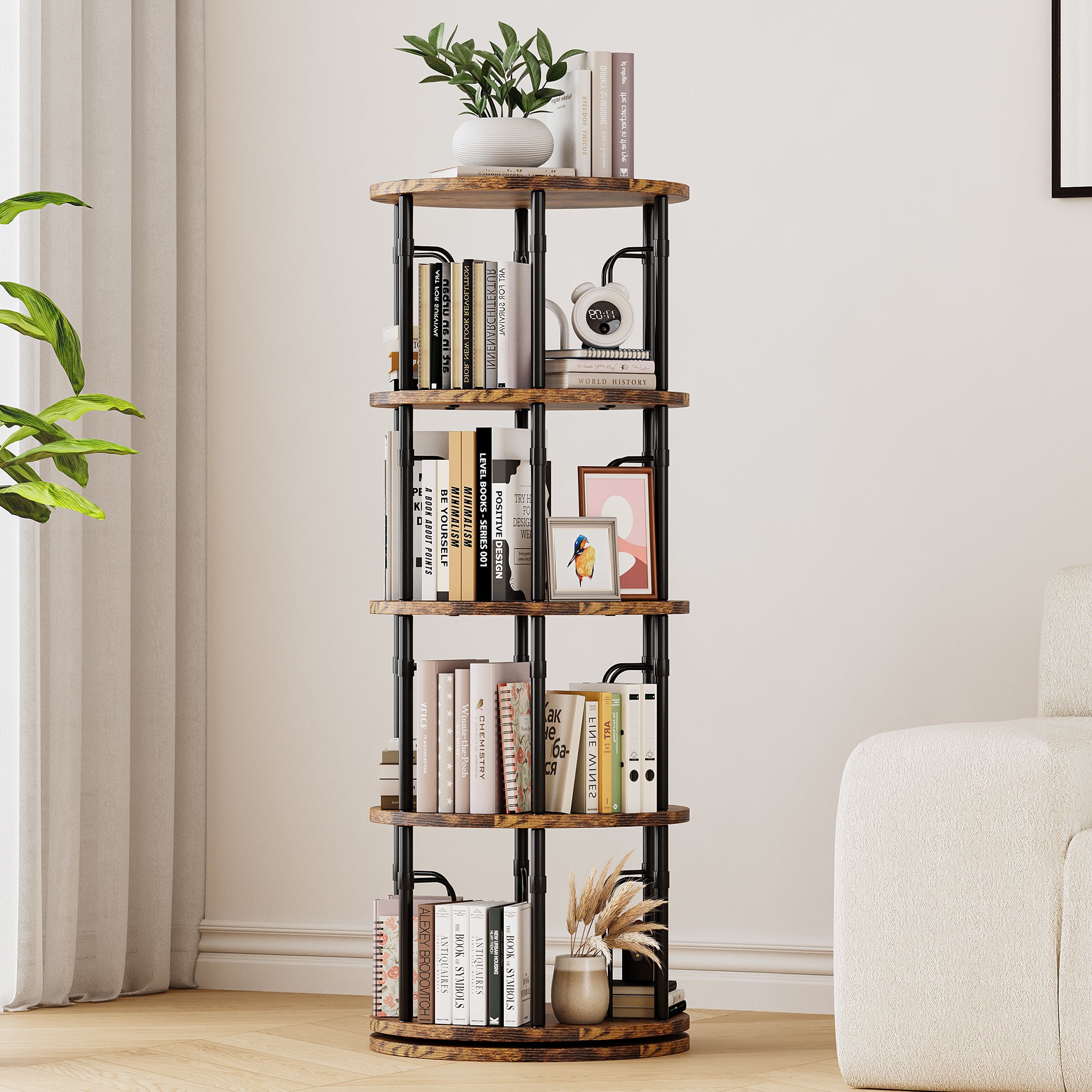 4 Tier Rotating Bookshelf Tower, 360° Spinning Bookcase, Vertical Floor Standing Revolving Bookshelf Organizer for Small Spaces, Corner, Living Room, Bedroom, Rustic Brown