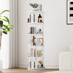 5 Tier Rotating Bookshelf Tower, 360° Spinning Bookcase, Vertical Floor Standing Revolving Bookshelf Organizer for Small Spaces, Corner, Living Room, Bedroom, White