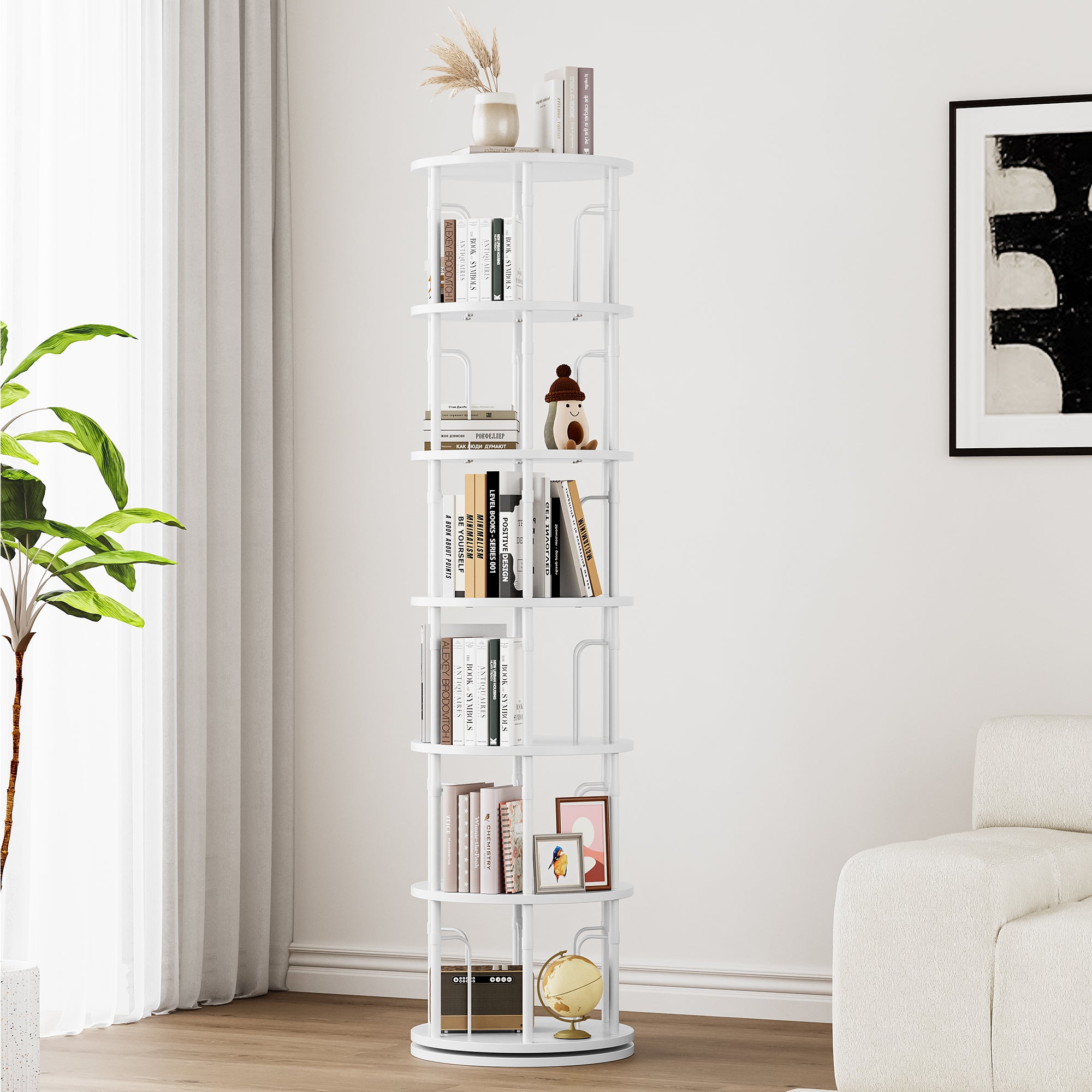 6 Tier Rotating Bookshelf Tower, 360° Spinning Bookcase, Vertical Floor Standing Revolving Bookshelf Organizer for Small Spaces, Corner, Living Room, Bedroom, White