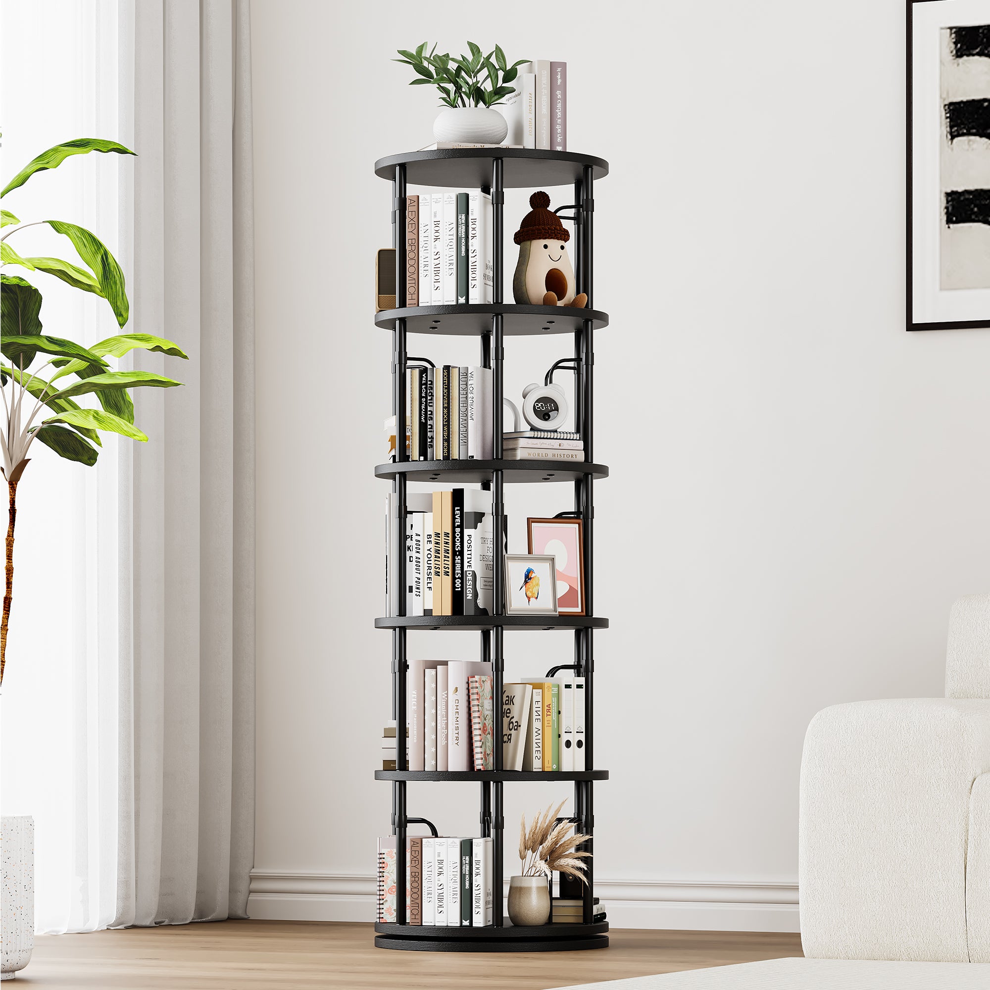 5 Tier Rotating Bookshelf Tower, 360° Spinning Bookcase, Vertical Floor Standing Revolving Bookshelf Organizer for Small Spaces, Corner, Living Room, Bedroom, Black