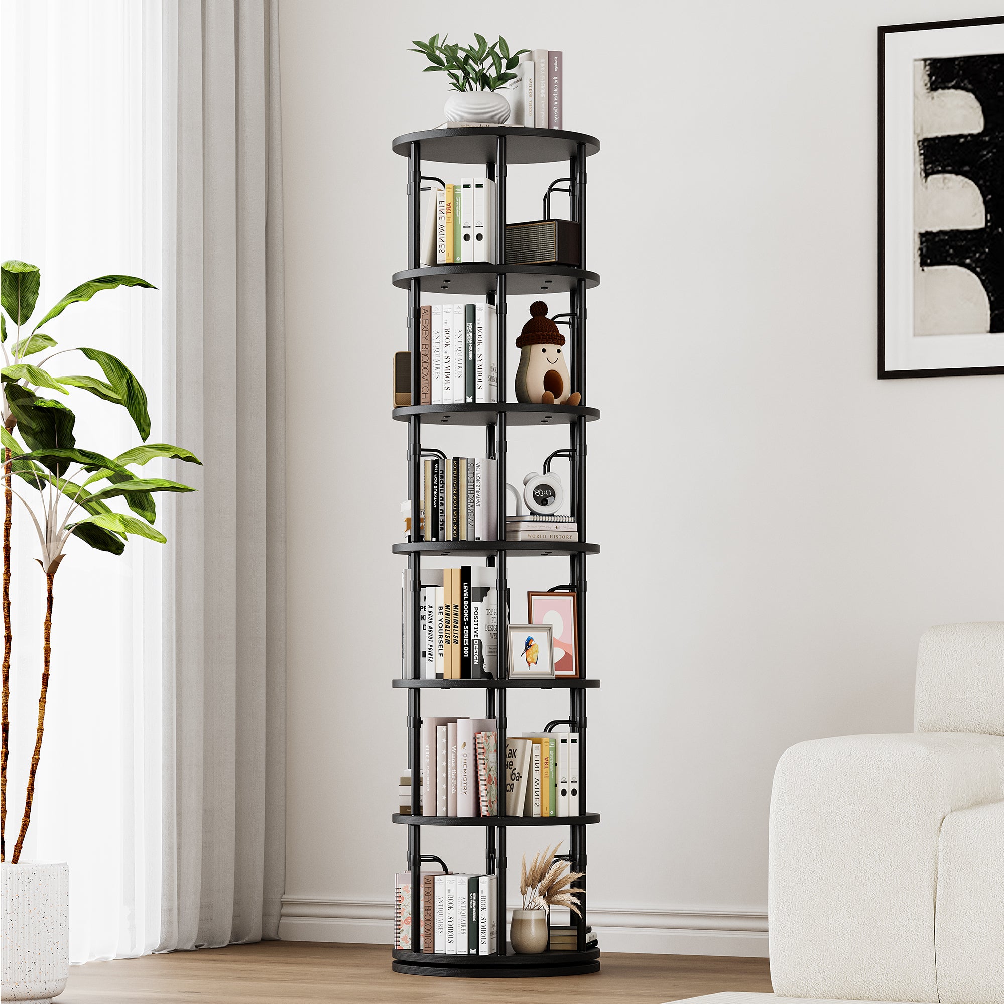6 Tier Rotating Bookshelf Tower, 360° Spinning Bookcase, Vertical Floor Standing Revolving Bookshelf Organizer for Small Spaces, Corner, Living Room, Bedroom, Black