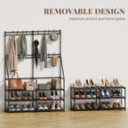 3-in-1 Double Row Coat Rack Freestanding with Shoe Storage Entryway Organizer 5-Tier Shoe Rack, 16 Hooks, Hall Tree for Home or Office, Black