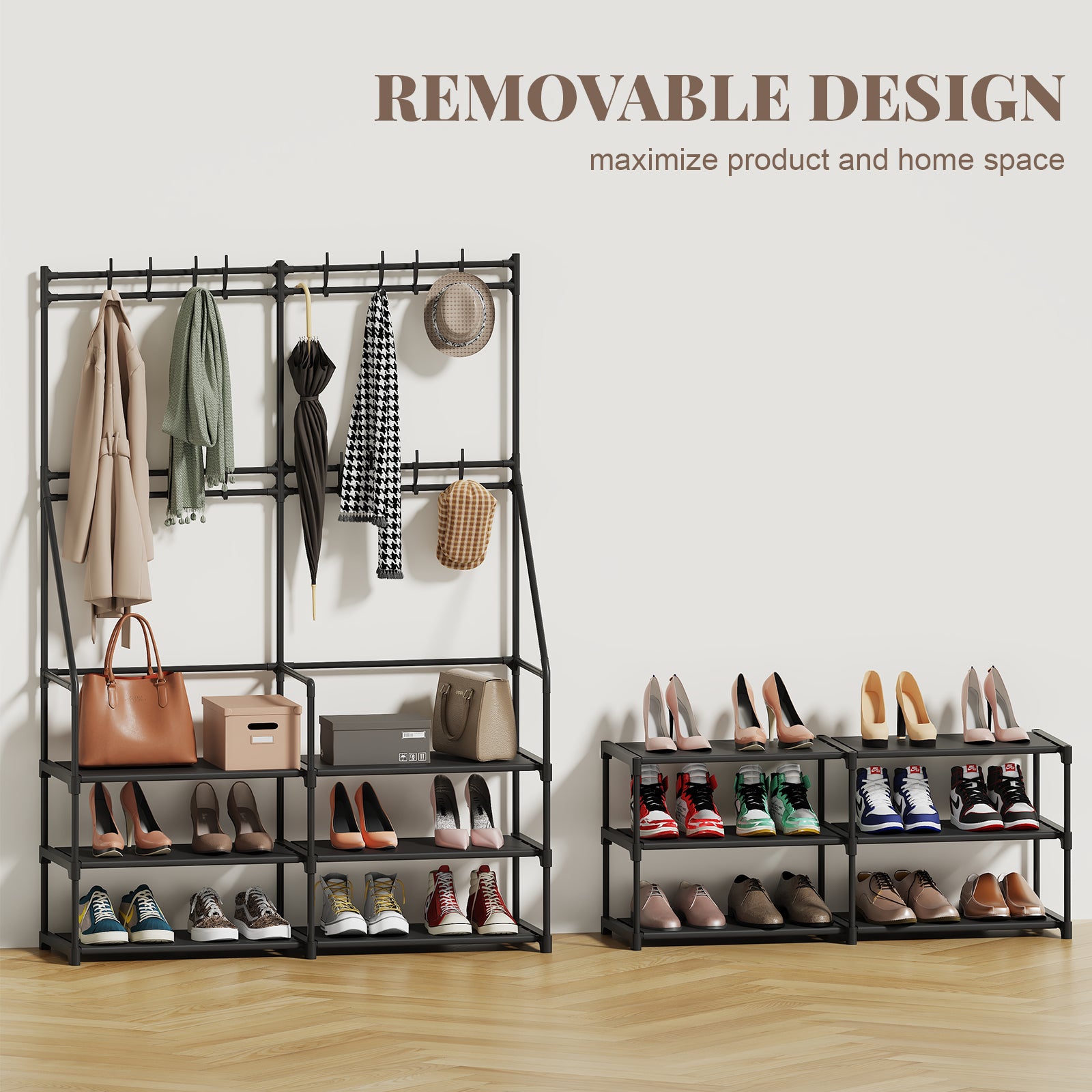3-in-1 Double Row Coat Rack Freestanding with Shoe Storage Entryway Organizer 5-Tier Shoe Rack, 16 Hooks, Hall Tree for Home or Office, Black